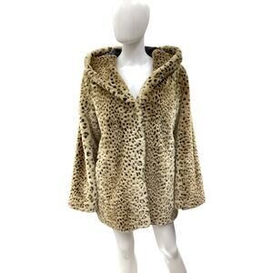 VTG Coat Women’s Size L/XL Faux Fur Hoodie Animal Print Pockets Brown Cheetah
